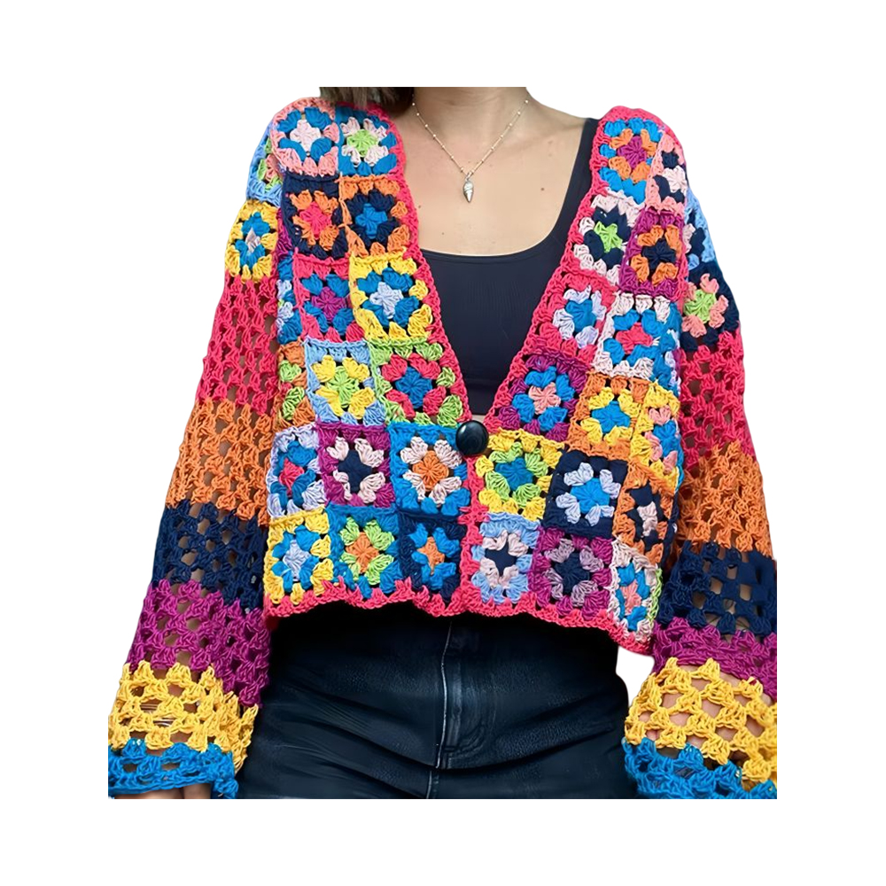 เสื้อคลุมคาร์ดิแกน Granny Square เสื้อแจ็คเก็ตงานปะสีสันสดใส คาร์ดิแกน เสื้อสเวตเตอร์ถักโครเชต์แฮนด์เมด